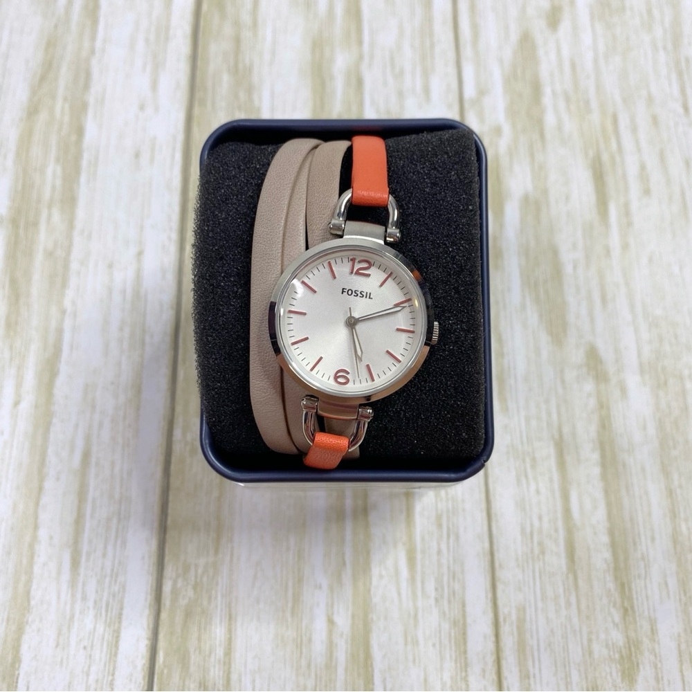 Fossil Georgia Silver Dial Beige & Coral Leather Wristwatch